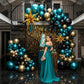 Chrome dark Teal and gold black Balloon Garland Kit 170Pcs Double-Stuffed Navy Teal Blue With Starburst Balloons for Birthday Luxury shop happy grad