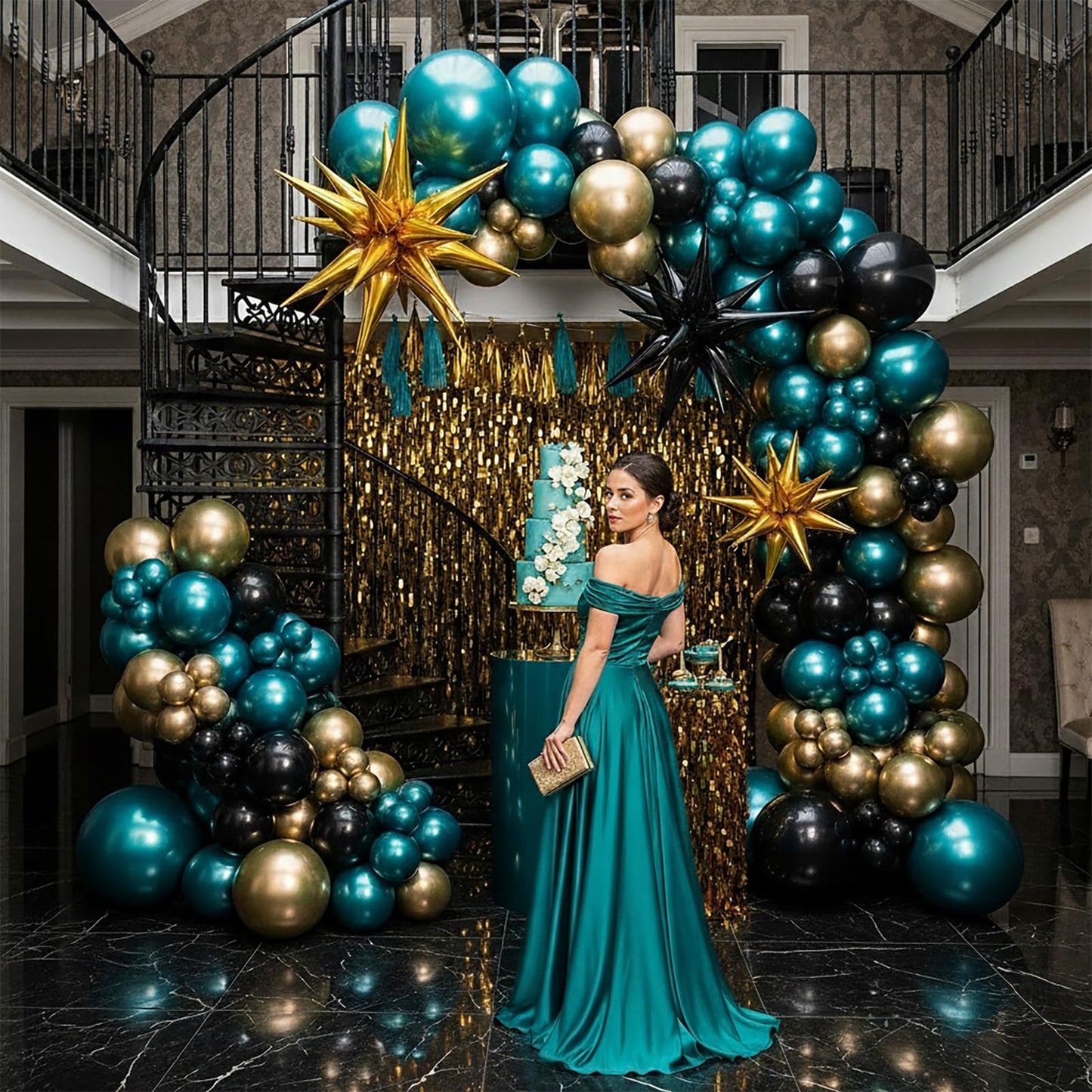 Chrome dark Teal and gold black Balloon Garland Kit 170Pcs Double-Stuffed Navy Teal Blue With Starburst Balloons for Birthday Luxury shop happy grad