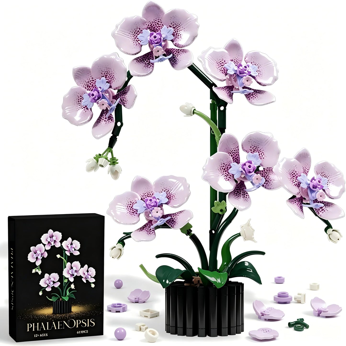 Purple Phalaenopsis Building Blocks Set,619PCS Orchid Model Kit,Birthday Gift Compatible with Lego Flowers for Adults Women Girls Boys Age 14+