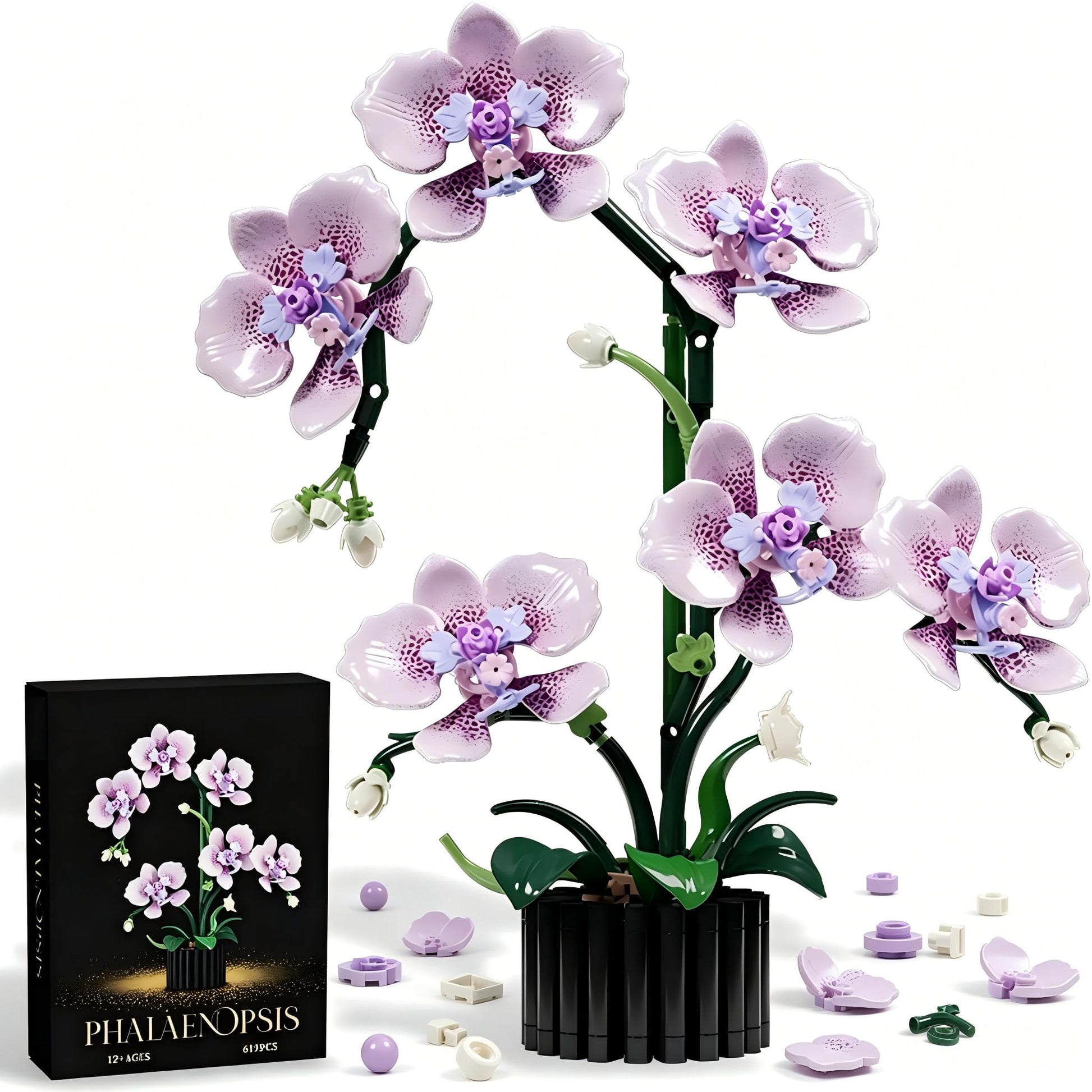 Purple Phalaenopsis Building Blocks Set,619PCS Orchid Model Kit,Birthday Gift Compatible with Lego Flowers for Adults Women Girls Boys Age 14+