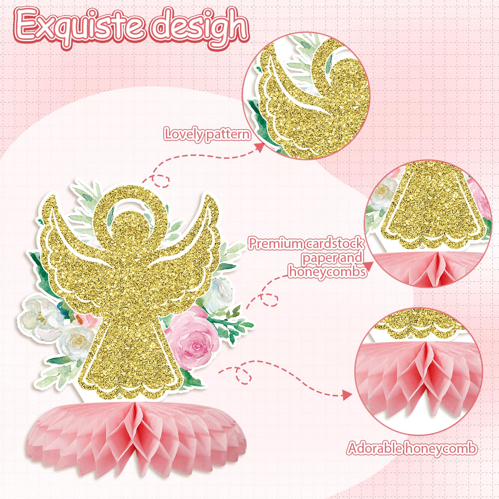 12Pcs Baptism Honeycomb Centerpieces Party Decor,Pink God Bless Cross Religious Baptism Table Centerpieces for Baby Shower First Communion Birthday