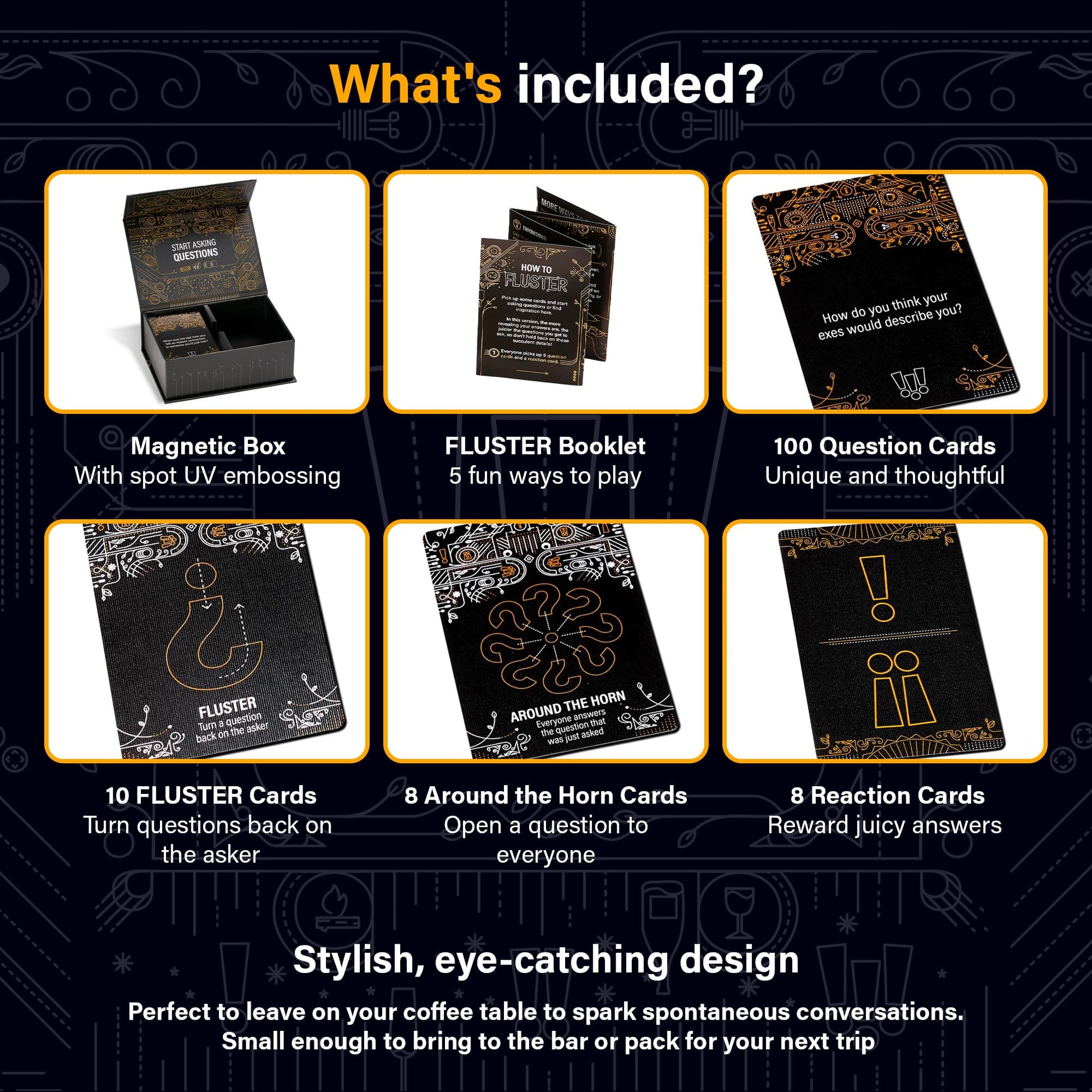 FLUSTER Creations | Ice Breakers and Deep Conversation Cards for Adults (120 Cards) | Conversation Starter Social Card Game | Ages 14+ | 2-6 Players