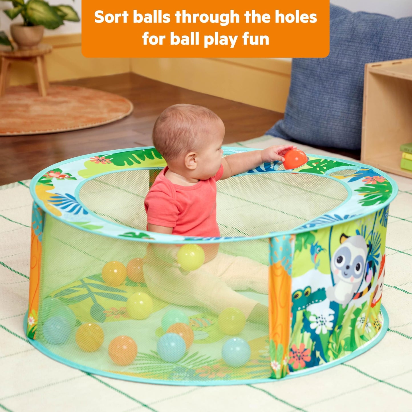 Bright Starts Rowdy Rainforest Stow & Go Baby Ball Pit with 20 Balls & 3 Ball Drops, Foldable Ball Pit for Babies & Toddlers 6+ Months, Includes Carry