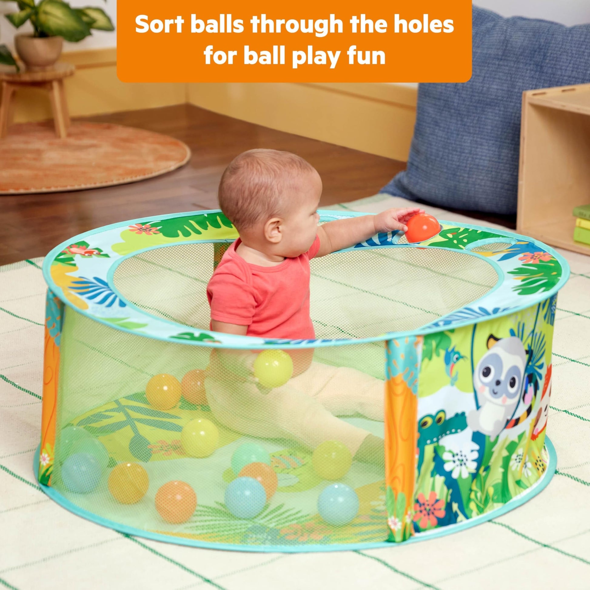 Bright Starts Rowdy Rainforest Stow & Go Baby Ball Pit with 20 Balls & 3 Ball Drops, Foldable Ball Pit for Babies & Toddlers 6+ Months, Includes Carry