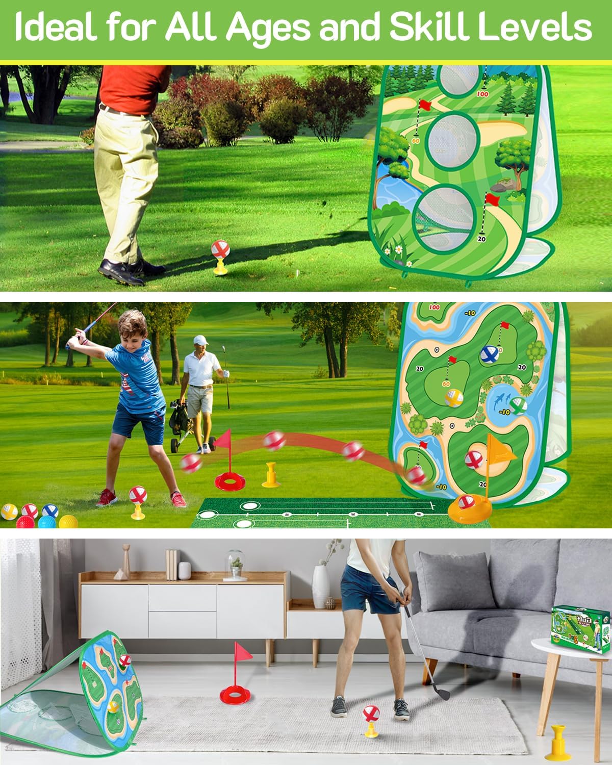 haoetcw 4-in-1 Kids Sticky Golf Games Set with Club, Golf Putting Practice Mat,3-Sided Golf Chipping Net, Multiple Game Modes, Golf Cornhole Board Set