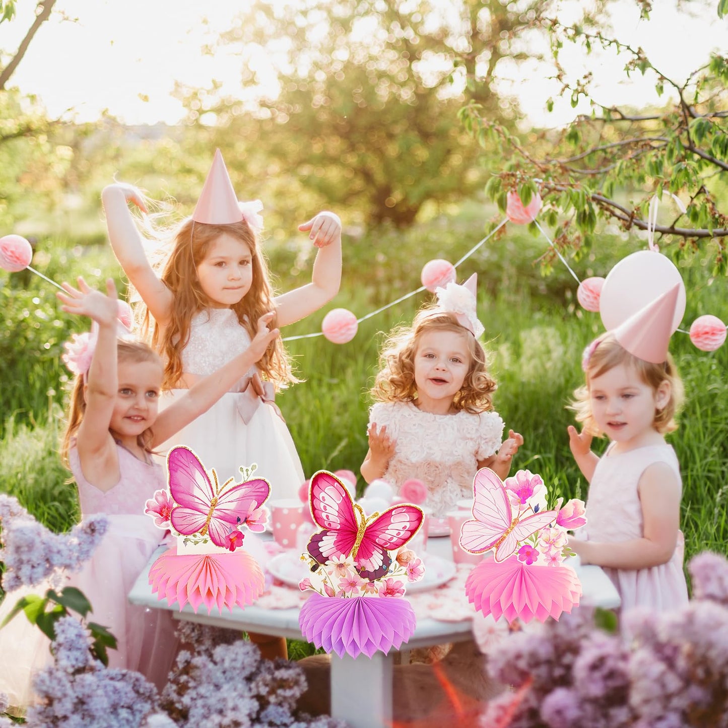 9 Pcs Butterfly Honeycomb Centerpieces, 3D Pink and Purple Butterfly Table Decorations with Floral Designs for Girls Birthday Parties, Baby Showers