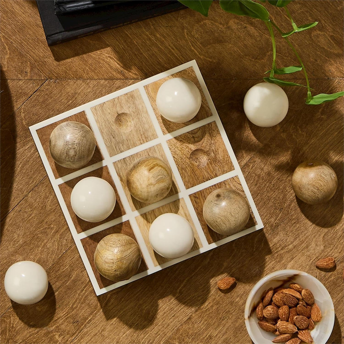 Two's Company San Marco Hand-Crafted Footed Tic-Tac-Toe Game with Round Balls, 8-Inch, Wood, Natural