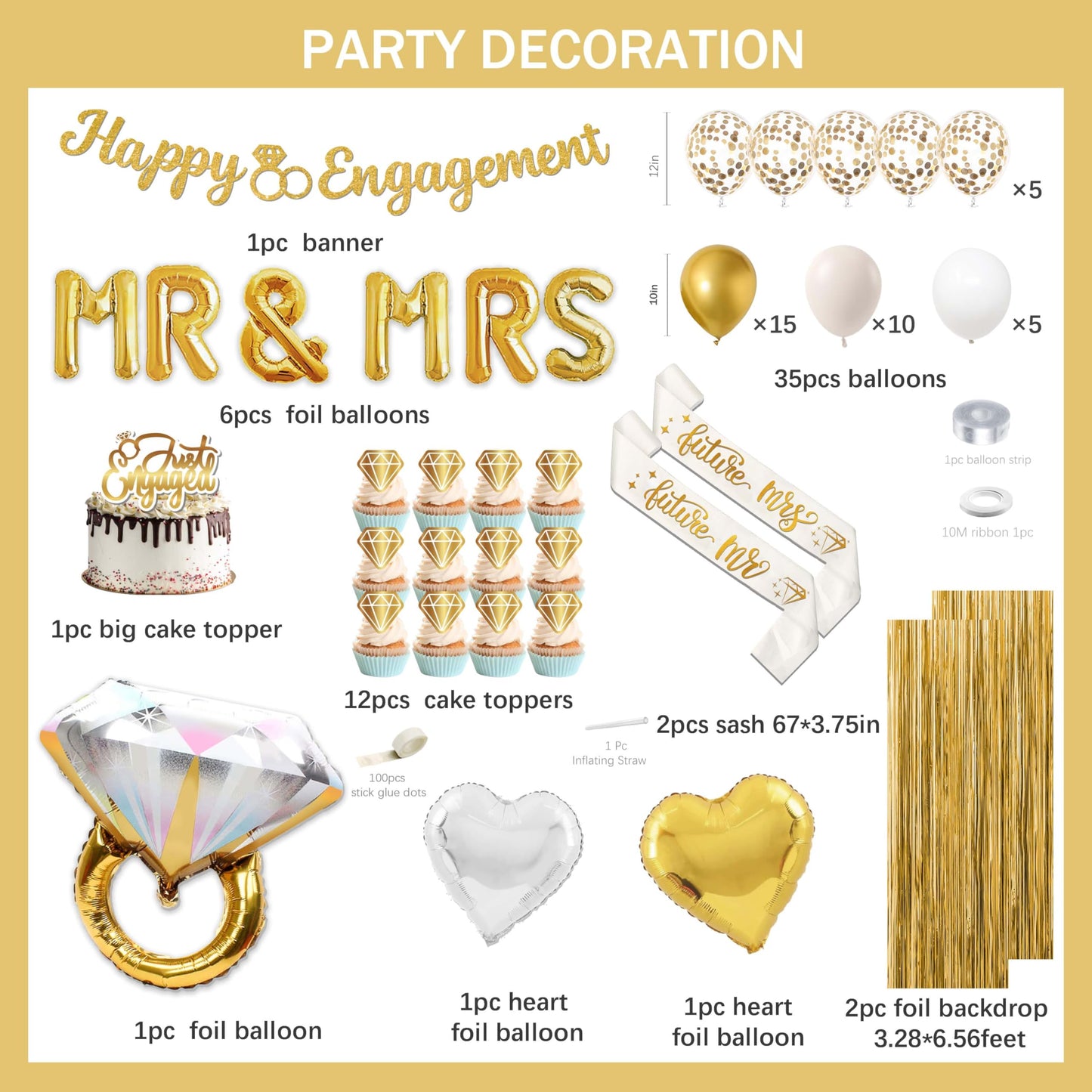 Engagement Party Decorations Set, Gold and White Balloon, MR & MRS Balloons with Foil Backdrop, Cake Toppers and Banners,Sash