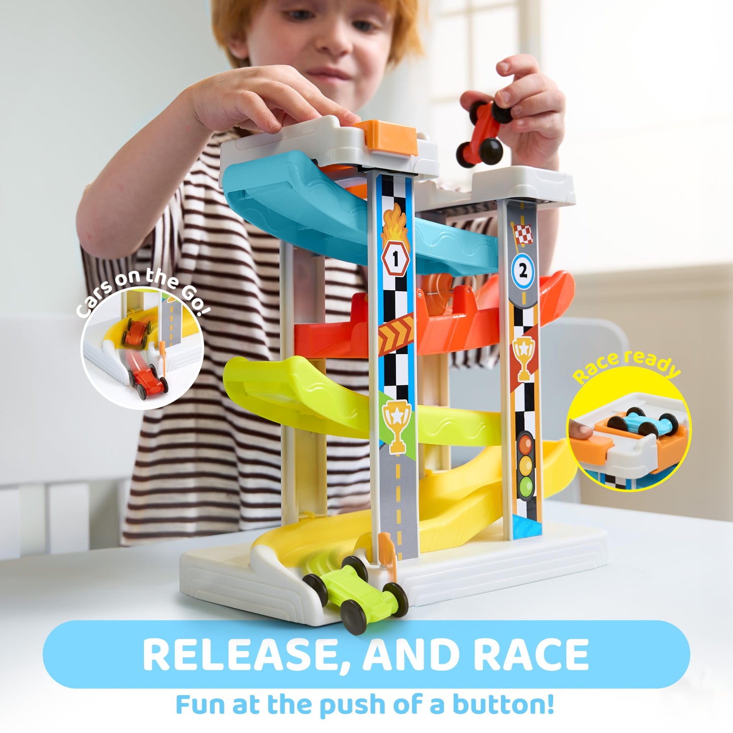 lalalark Toddler Toys for 18M+ Boy and Girls, Race Track Car Ramp Toy with 4 Cars and Multiple Parking Spaces, Birthday Gifts for Baby Toddler Kids