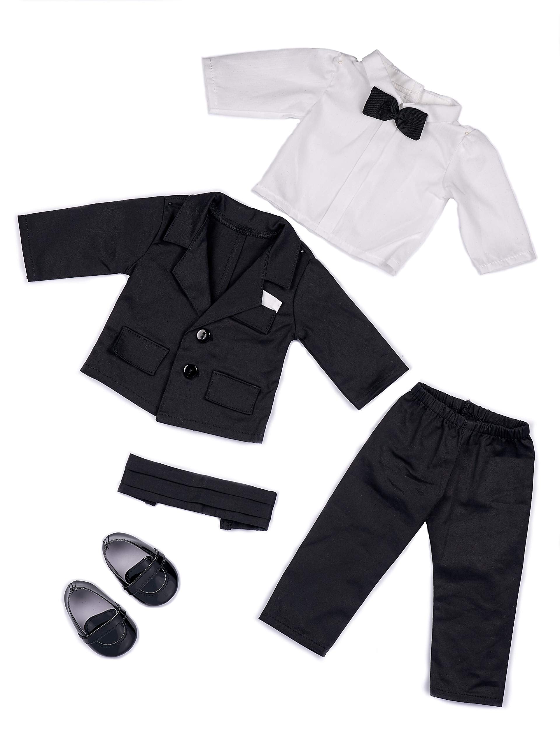 DreamWorld Collections Tuxedo - 5 Piece Tuxedo for 18 Inch Doll - Jacket, Pants, Belt, White Shirt and Dress Shoes (Doll Not Included)