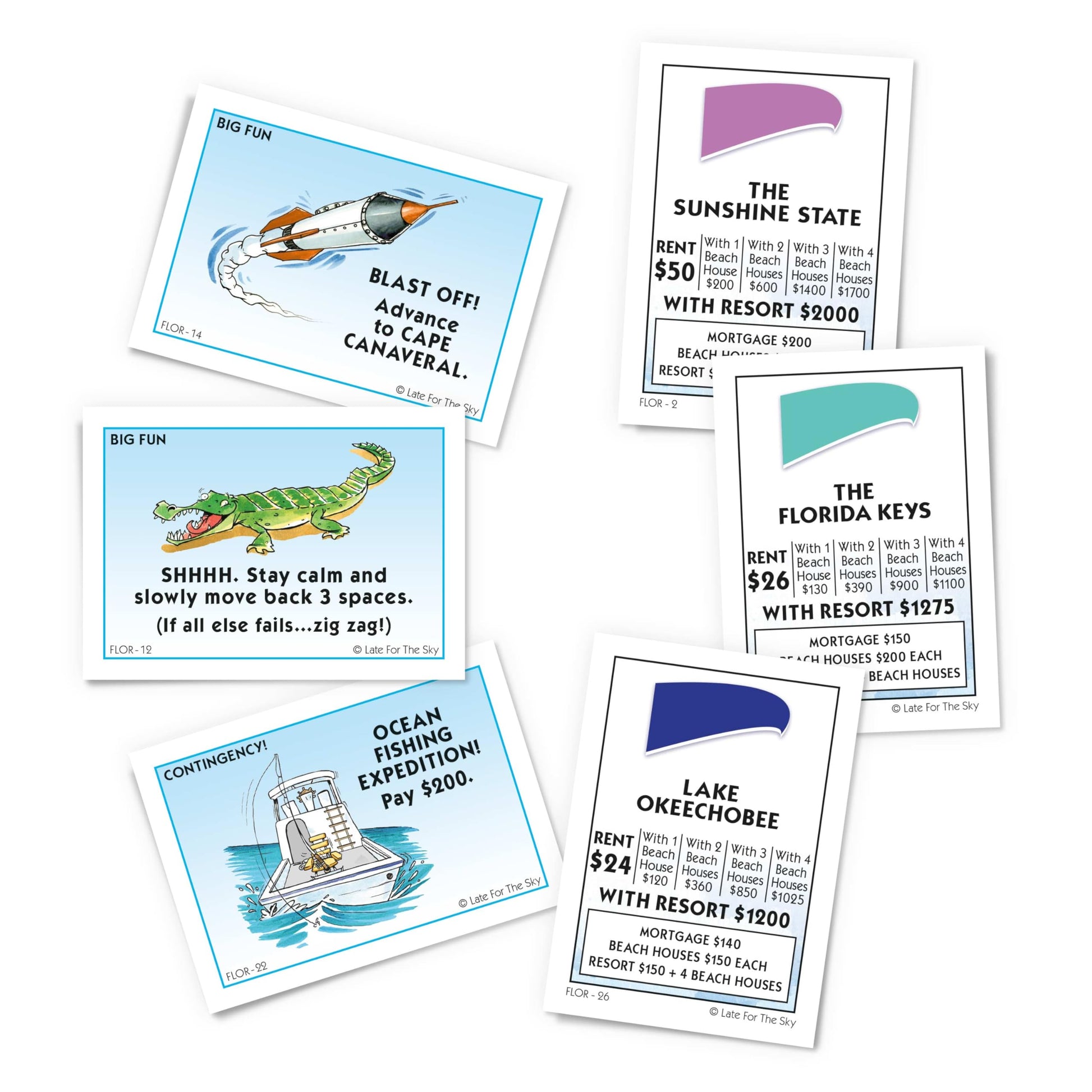 Late for the Sky Florida-Opoly Board Game - Florida property trading family strategy for 2-6 players, ages 8+, party game night, educational travel