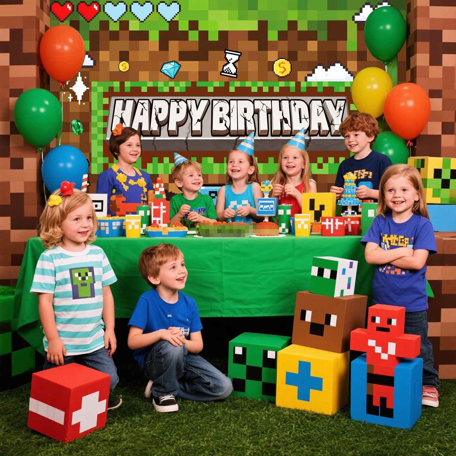 Pixel Birthday Party Decorations Pixel Video Game Banner for Miner Birthday Party Backdrop Photo Background Wall Decor Mining Party Supplies