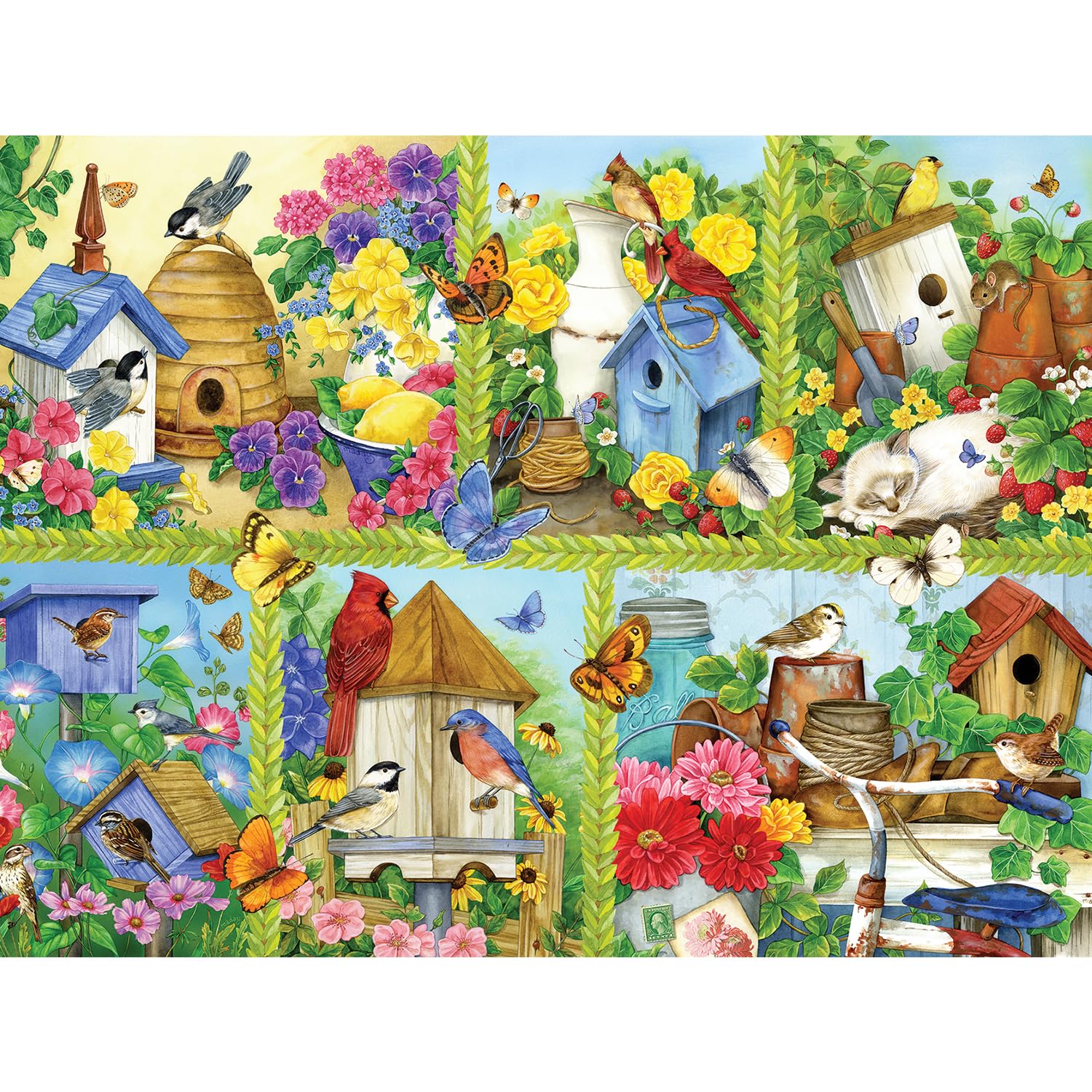 Bits and Pieces 300 Piece Puzzles for Adults - Birdhouse Collage - 300 Large Pieces 18" x 24" Jigsaw Puzzles, Colorful Springtime Birds and Flowers