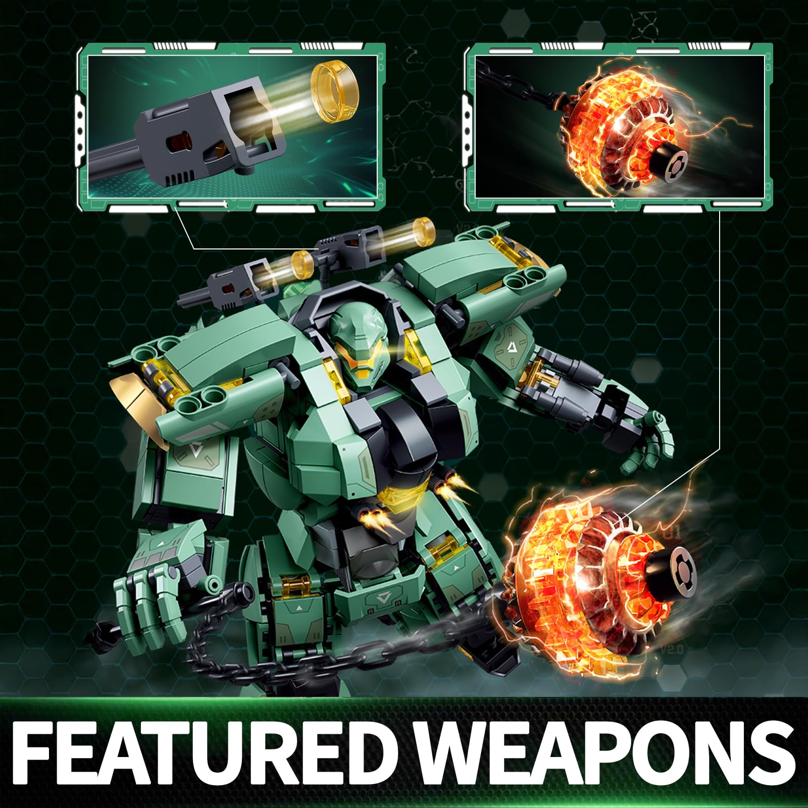 LQPFBSM Green Heavy Mecha Building Set 542 Pieces Armored Robot Action Figure with Meteor Hammer Weapon Articulated Military Warrior Model Kit Sci-Fi