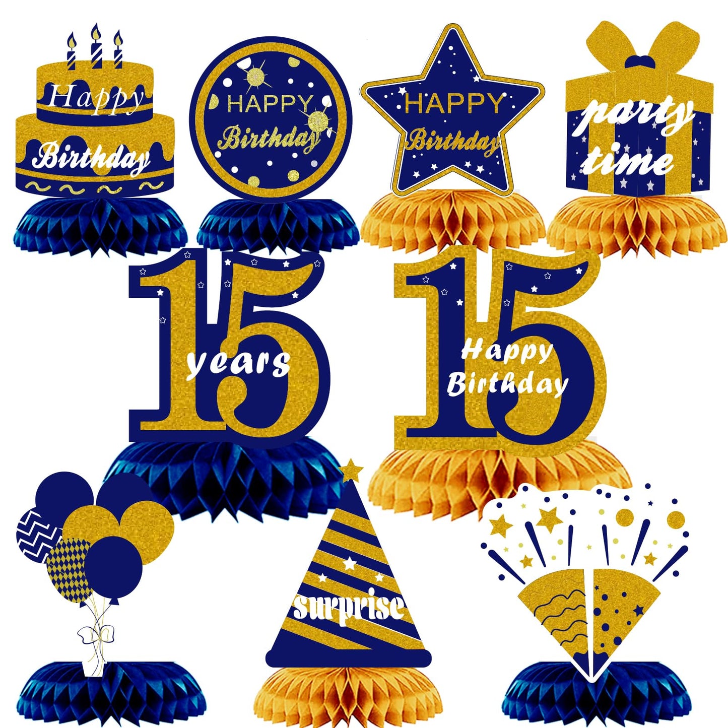 9Pcs Happy 15th Birthday Honeycomb Centerpieces Decorations fo Boy Blue Gold 15 Birthday Party Supplies Blue 15 Years old Fifteen Birthday Table