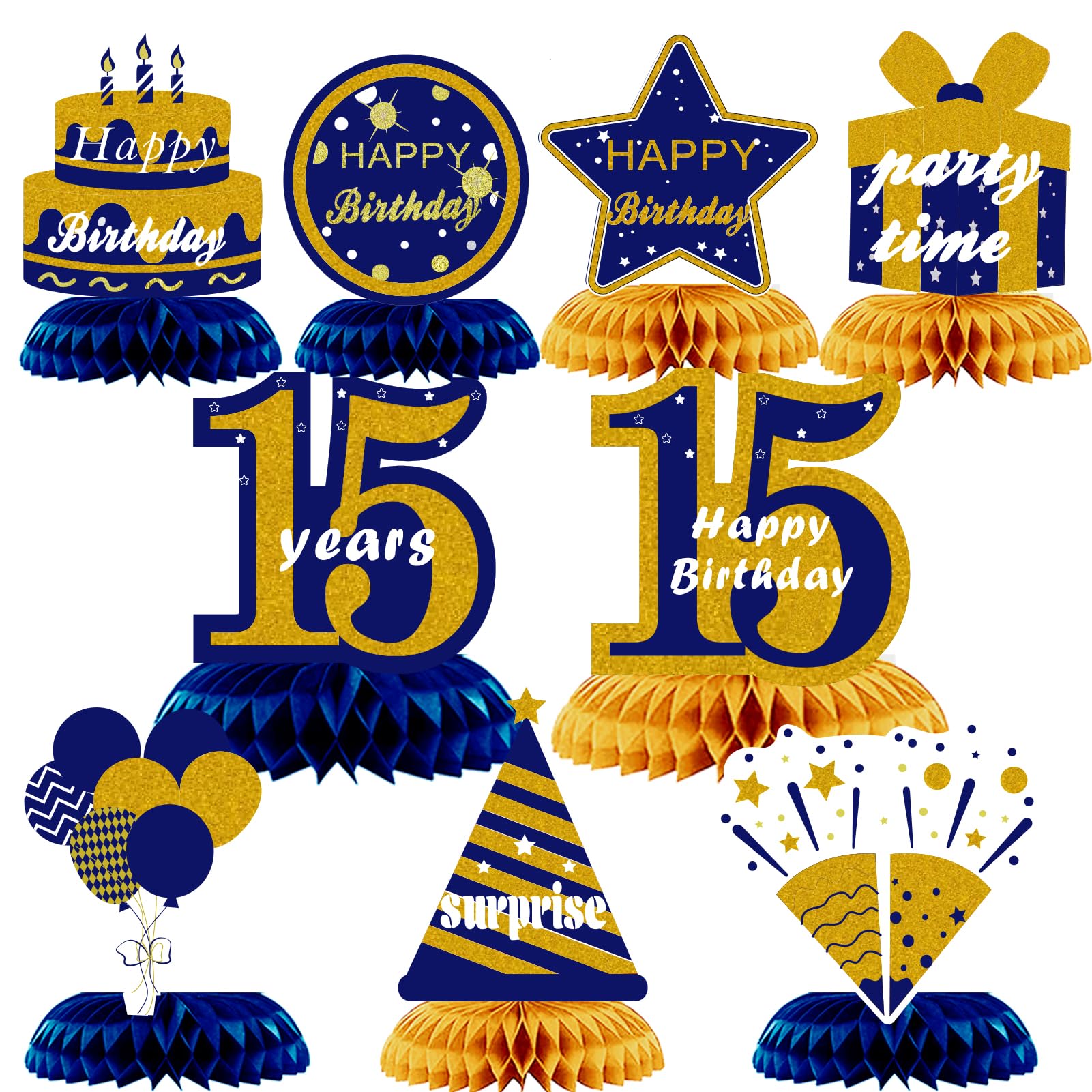 9Pcs Happy 15th Birthday Honeycomb Centerpieces Decorations fo Boy Blue Gold 15 Birthday Party Supplies Blue 15 Years old Fifteen Birthday Table