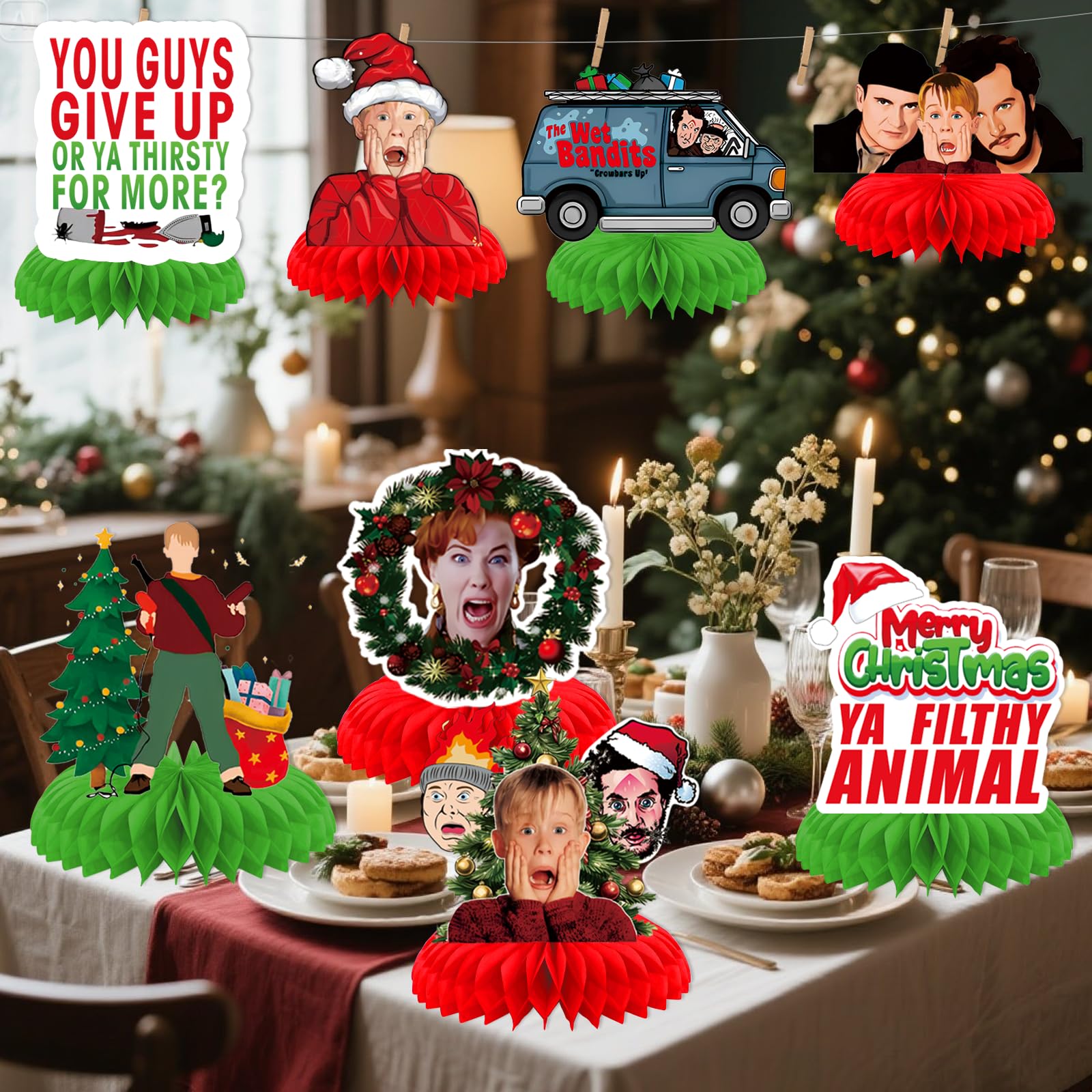 9PCS Home Alome Christmas Honeycomb Centerpieces Home Alone Christmas Decorations Funny Merry Christmas Ya Filthy Animal Table Decorations for Home