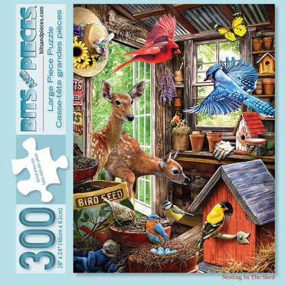 Bits and Pieces - 300 Piece Jigsaw Puzzle for Adults - Nesting in The Shed - Coundry Garden Shed Animal Nature Bird Farm Doe Wildlife Birdhouse Jigsaw