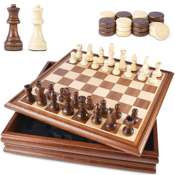 VAMSLOVE Chess and Checkers Board Game Sets for Adults Wooden Deluxe 15 inch Wood Board Box with Storage, Classic 2 in 1 Large Size with Chess Pieces