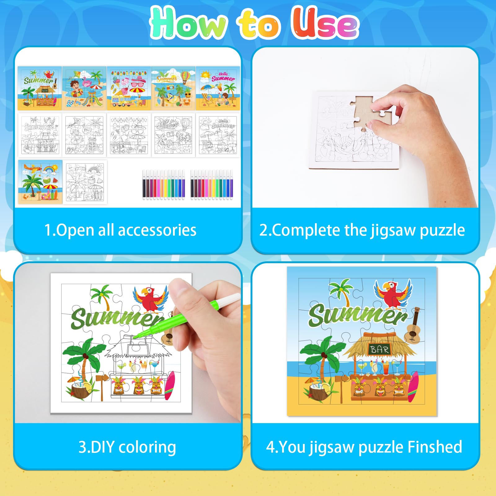 Fennoral 24 Pack DIY Coloring Summer Jigsaw Puzzle Craft Kit for Kids