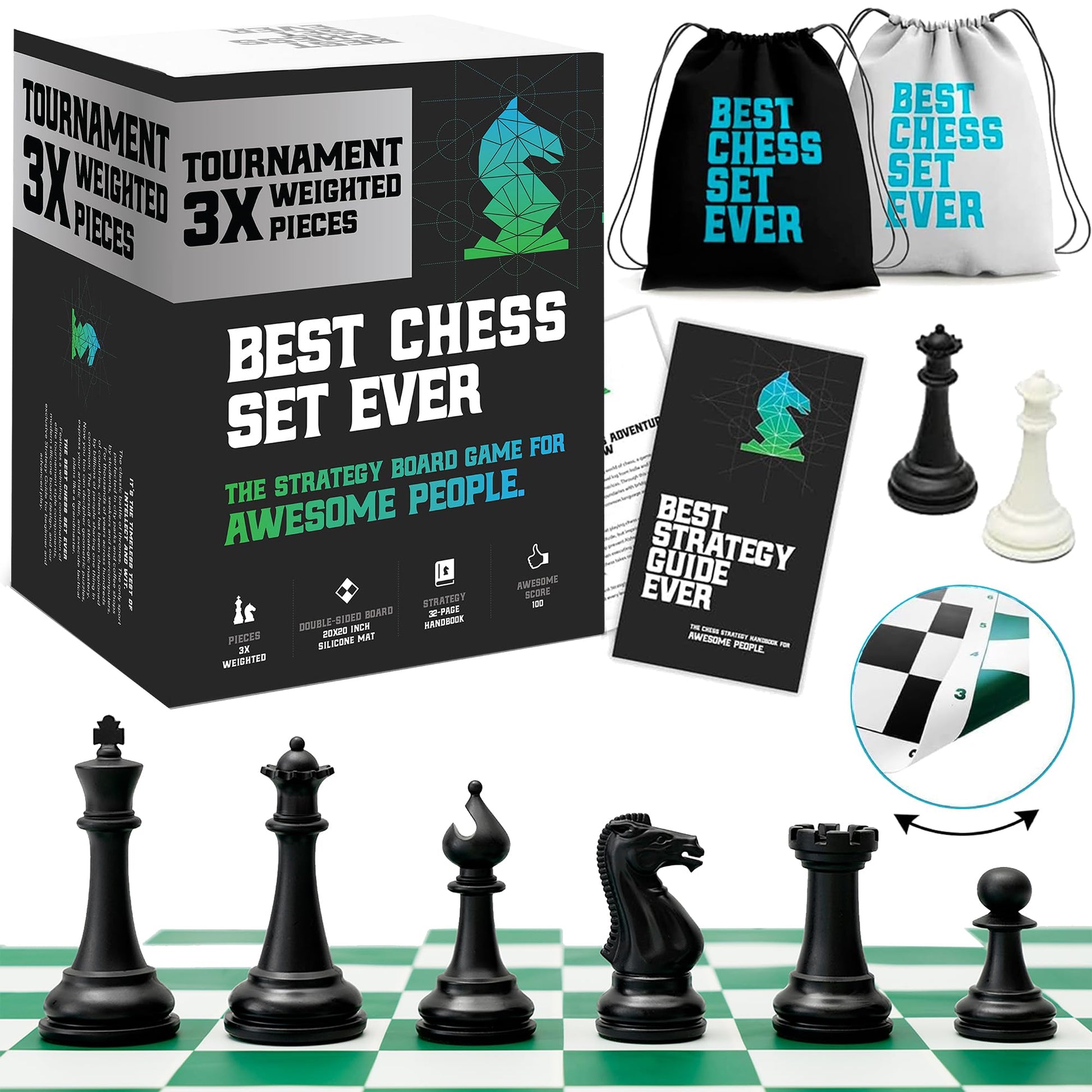 Best Chess Set Ever 3X Tournament Modern Chess Set with Weighted Staunton Pieces, 20x20 Double-Sided Silicone Board, Strategy Guide and Storage Bags