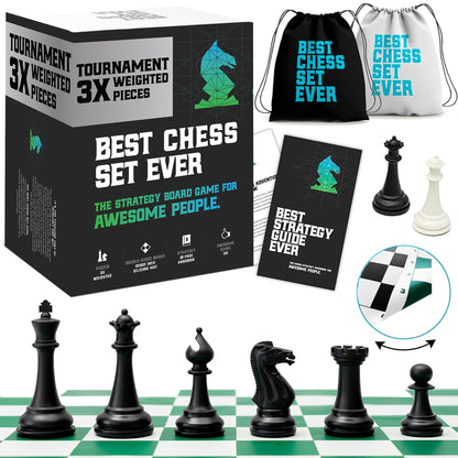 Best Chess Set Ever 3X Tournament Modern Chess Set with Weighted Staunton Pieces, 20x20 Double-Sided Silicone Board, Strategy Guide and Storage Bags