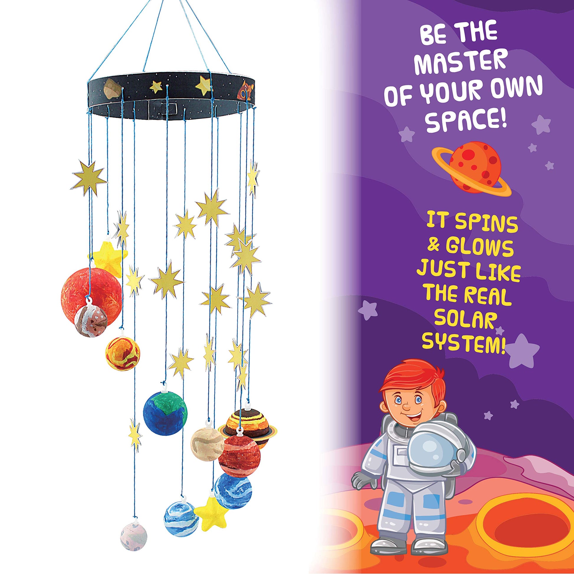 STEM Learning Fun with 3D Solar System Kit: Complete DIY Mobile Hanging Model, 27-Inch Long with 9 Foam Planets & Sun, 3D Solar System with Paintable