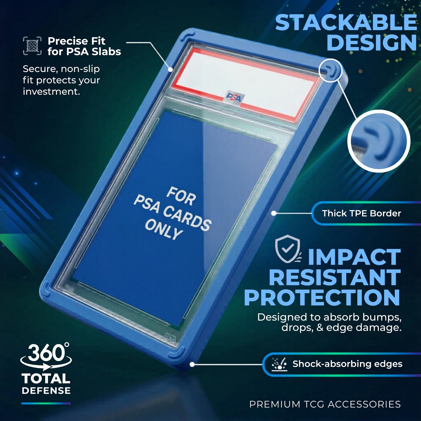 GemLock 5-Pack PSA Slab Bumpers - Hard TPU Stackable Colored Guards with Precision Fit for Graded Cards (Red, Black, Purple, Blue, Green)