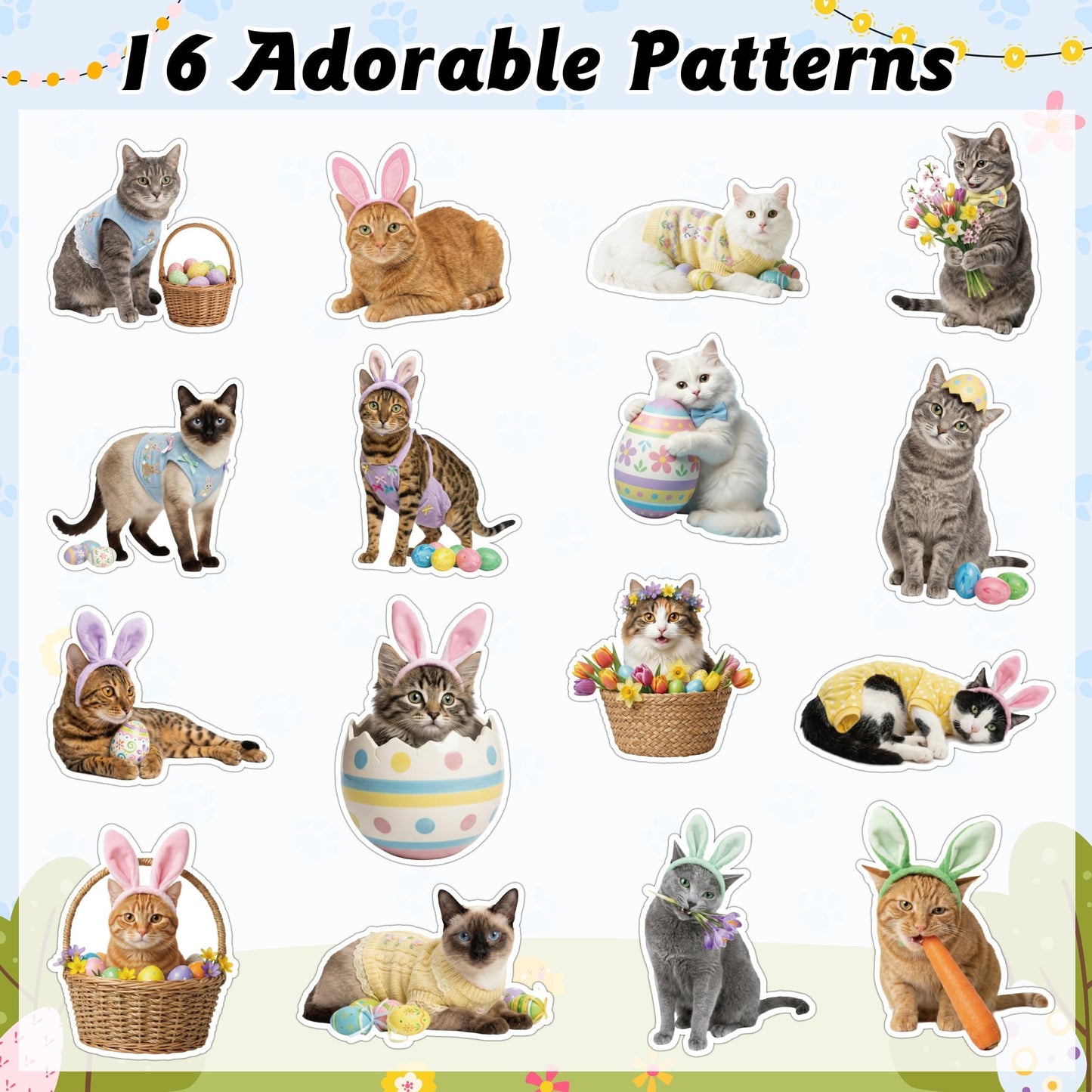 5wsech Cute Realistic Cat Roll Stickers - 1000 Colorful Eggs Rabbit Ears Holiday Dress Up Realistic Cat Vinyl Decals for Kids, Funny Kitten Stickers