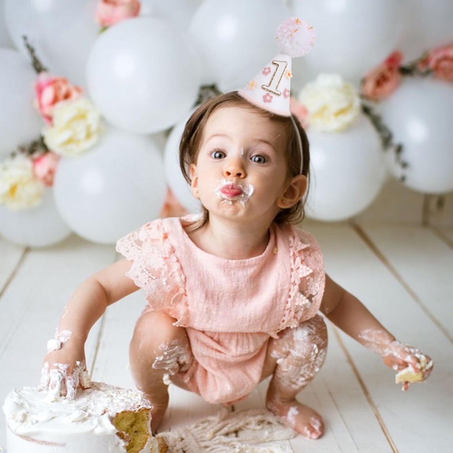 YOUAME Boho Daisy Flower Birthday Party Hat For Girls - Floral First Birthday Decorations, Boho Daisy Felt One Year Cone Hat, Groovy Flower Cake Smash