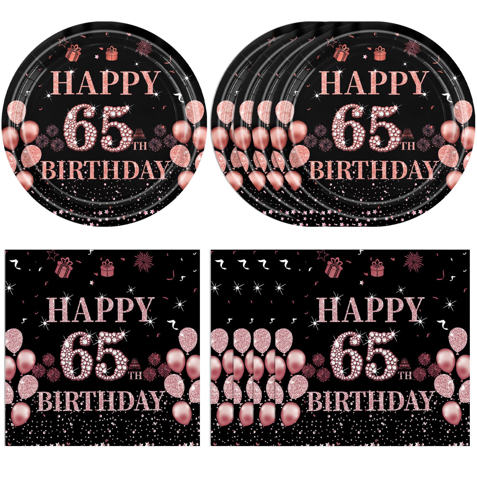 65th Birthday Decorations for Women Men, 40Pcs 65th Birthday Party Paper Plates and Napkins Black Rose Gold Happy Sixty-Five Years Old Birthday Party