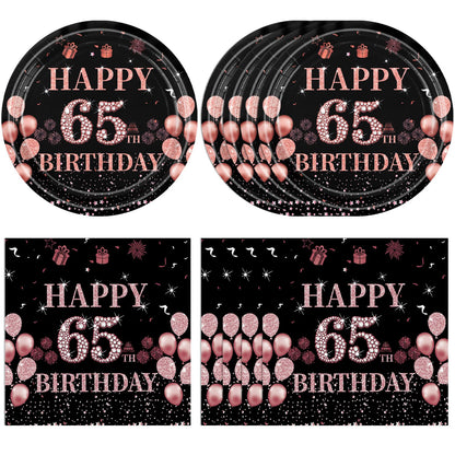 65th Birthday Decorations for Women Men, 40Pcs 65th Birthday Party Paper Plates and Napkins Black Rose Gold Happy Sixty-Five Years Old Birthday Party