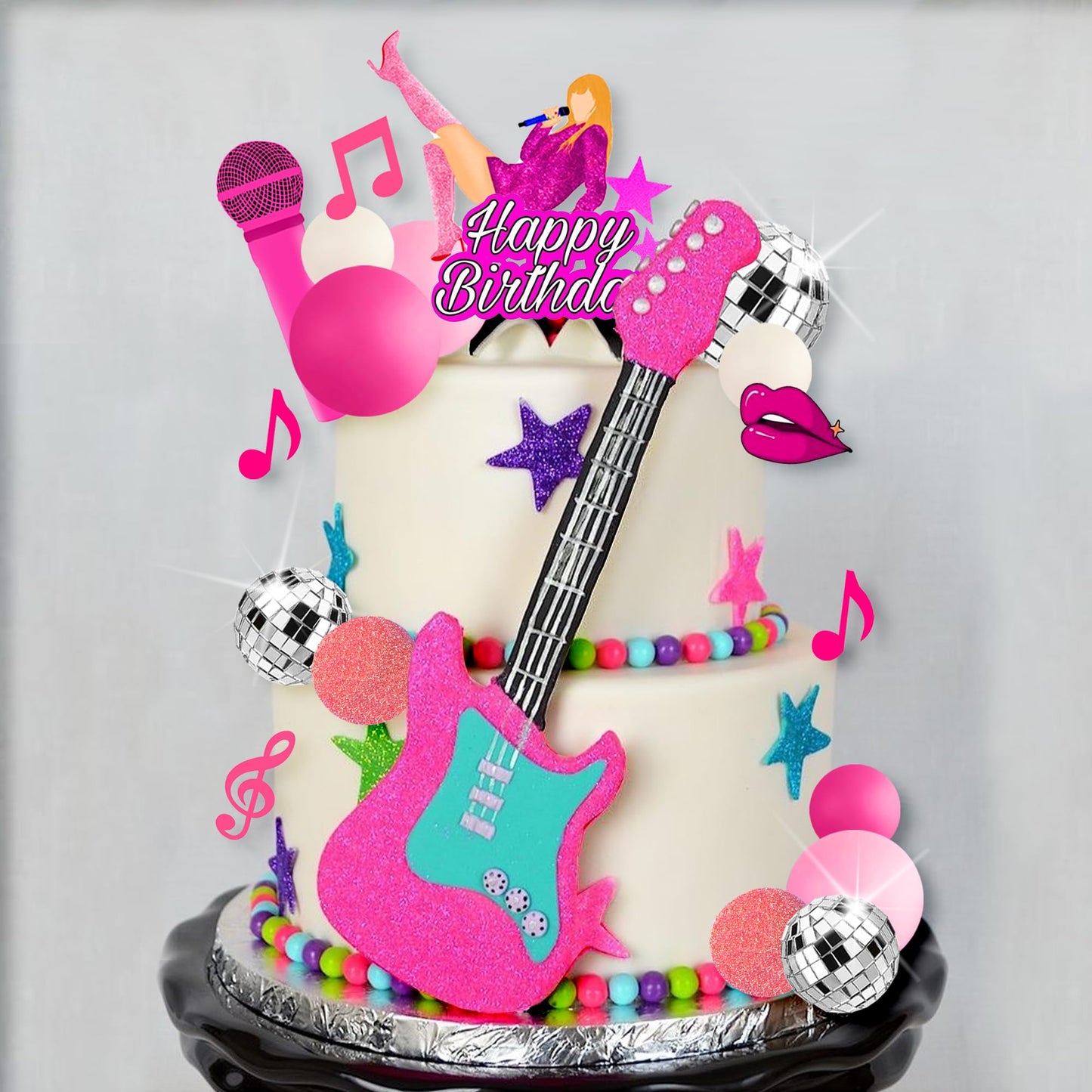 26 PCS Music Cake Toppers Pink Birthday Cake Topper and Disco Cake Topper for Music Birthday Decorations Supplies (1)