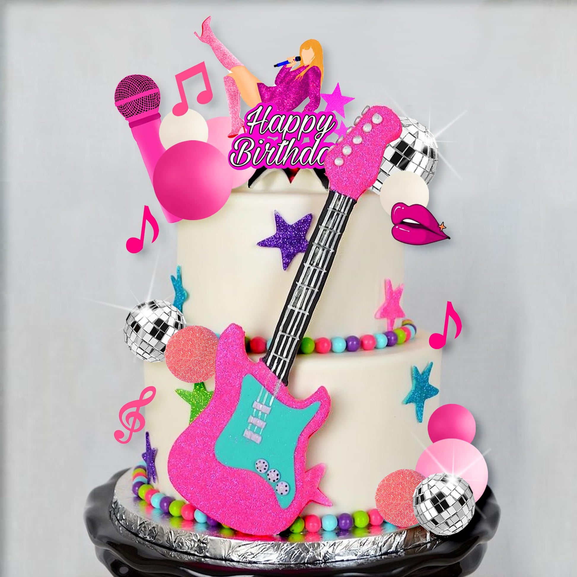 26 PCS Music Cake Toppers Pink Birthday Cake Topper and Disco Cake Topper for Music Birthday Decorations Supplies (1)