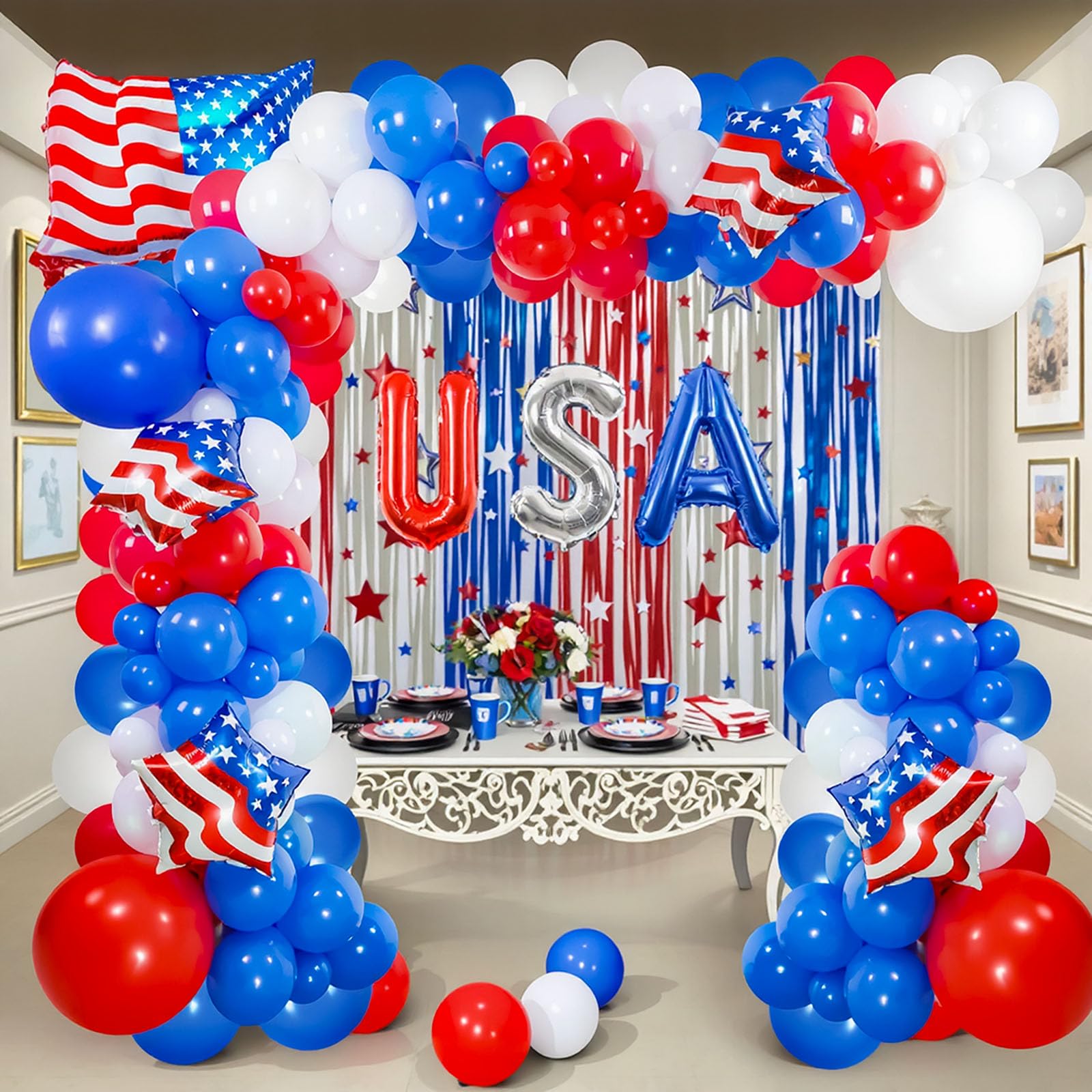 138 PCS 4th of July Balloon Arch Decorations, Red White and Blue Balloon Garland with Patriotic Foil Balloons for 4th of July Decorations Independence