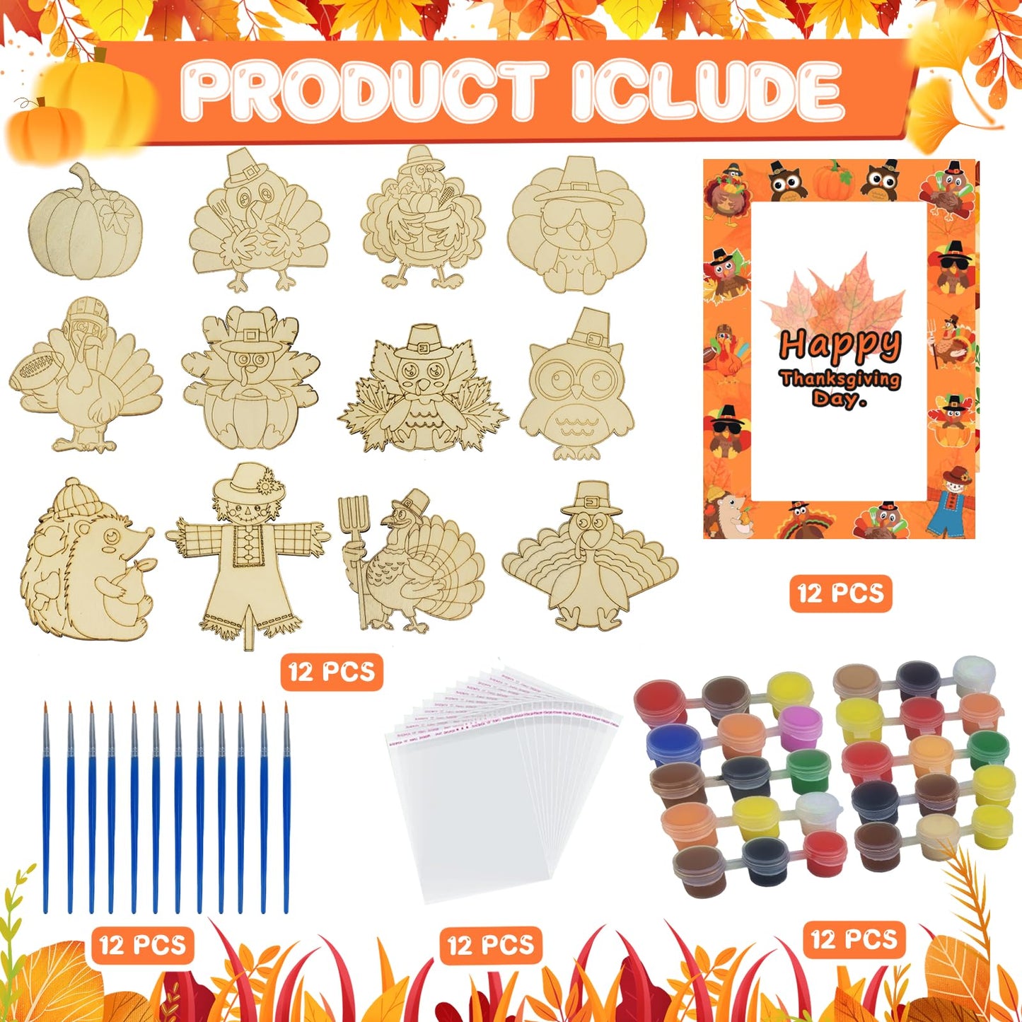 SYUCVQI 12 Pack Fall Thanksgiving Wooden Painting Craft Kits for Thanksgiving Party DIY Coloring Wooden Turkey Scarecrow Pumpkin Harvesting Art