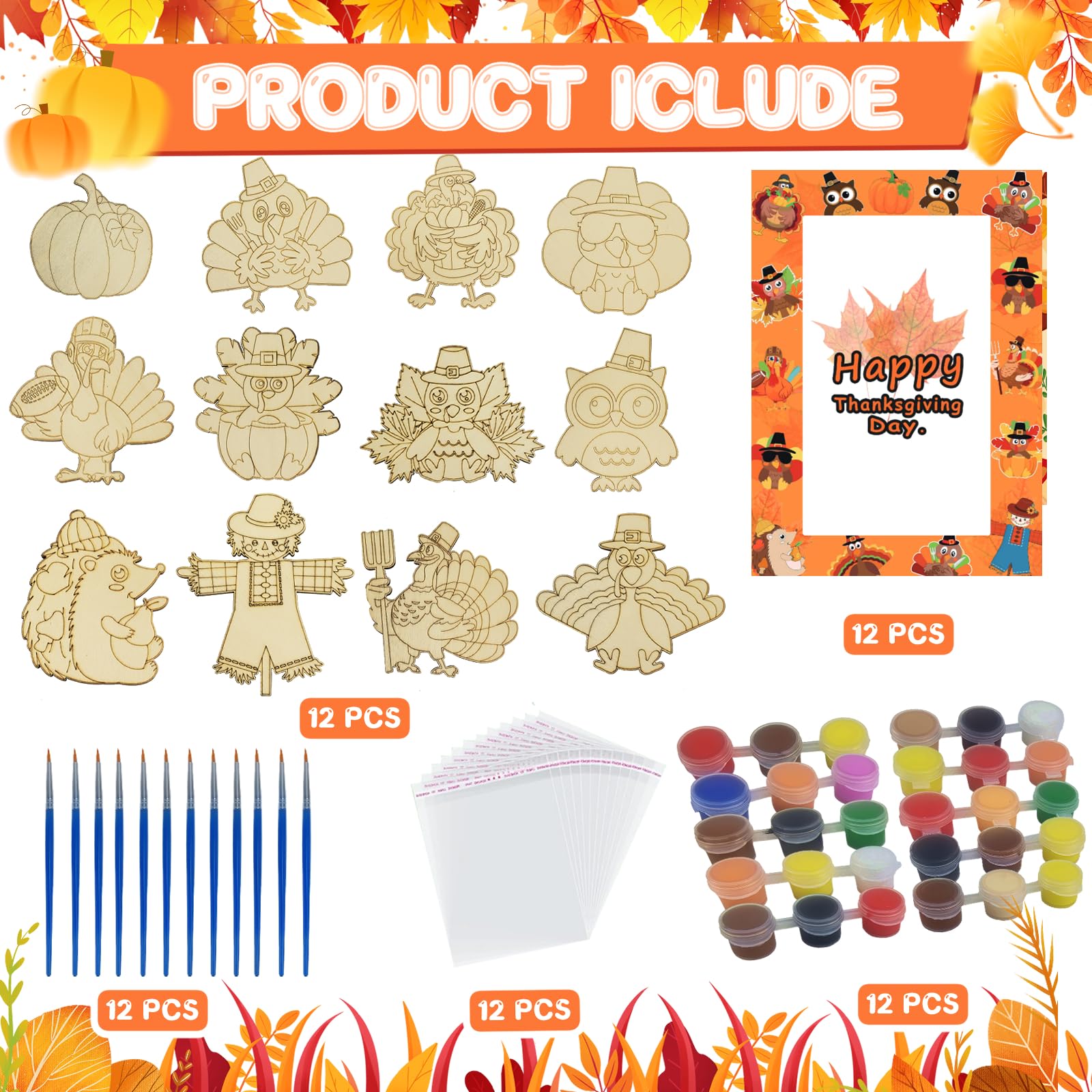 SYUCVQI 12 Pack Fall Thanksgiving Wooden Painting Craft Kits for Thanksgiving Party DIY Coloring Wooden Turkey Scarecrow Pumpkin Harvesting Art