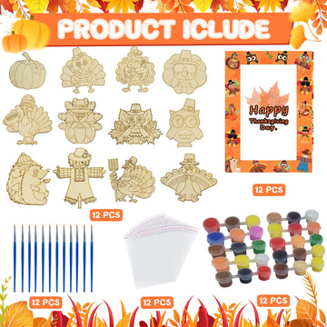 SYUCVQI 12 Pack Fall Thanksgiving Wooden Painting Craft Kits for Thanksgiving Party DIY Coloring Wooden Turkey Scarecrow Pumpkin Harvesting Art