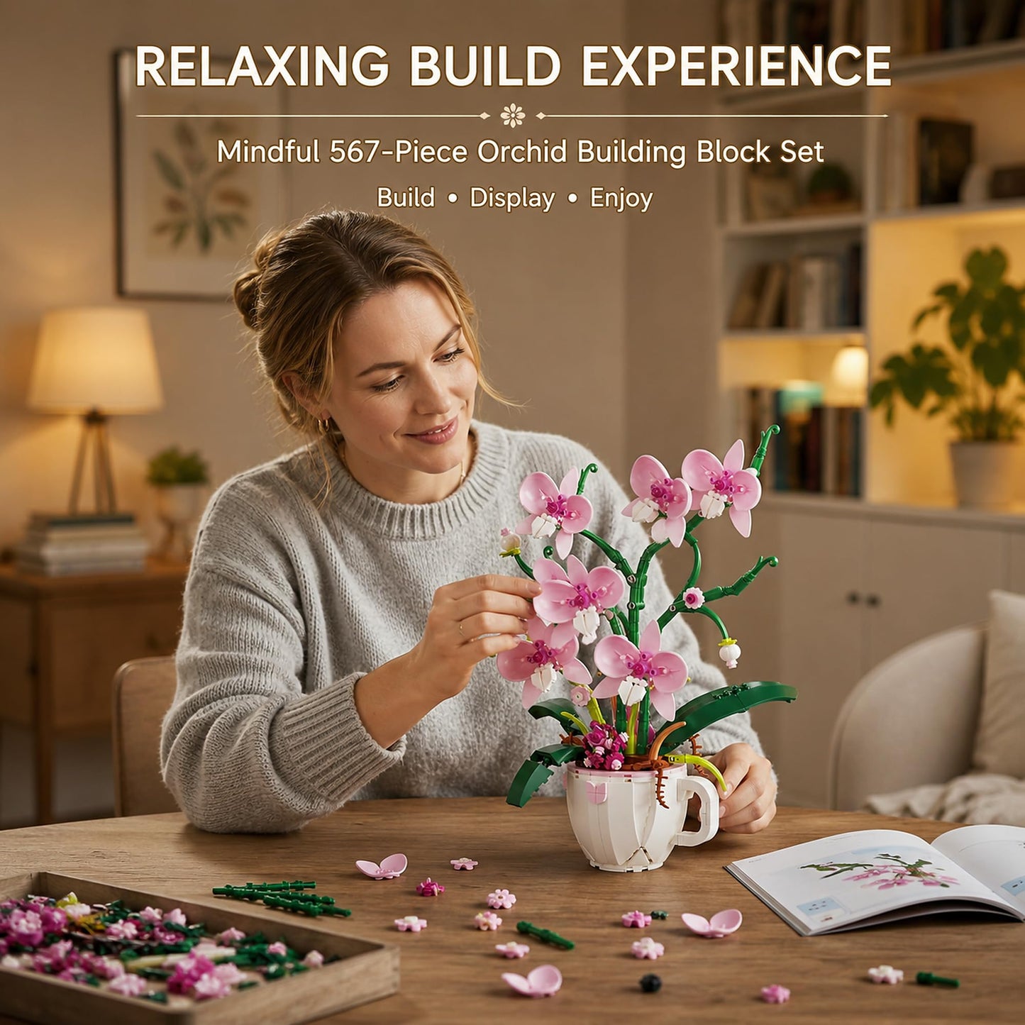LQPFBSM Pink Orchid Flower Building Block Set in Coffee Cup 567 Pcs Botanical Bouquet Building Kit Elegant Home Office Desk Decor Creative Plant Craft
