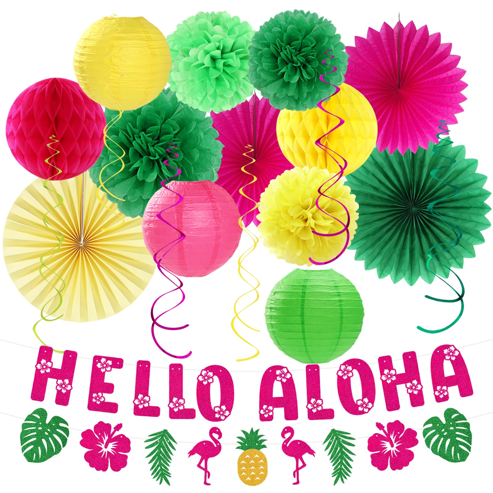Hawaiian Aloha-Luau Flamingo Party-Decorations Supplies - 21pcs Hello Banner,Pool Paper Lanterns Honeycomb,Beach Theme Streamers Garland,Tissue Pom