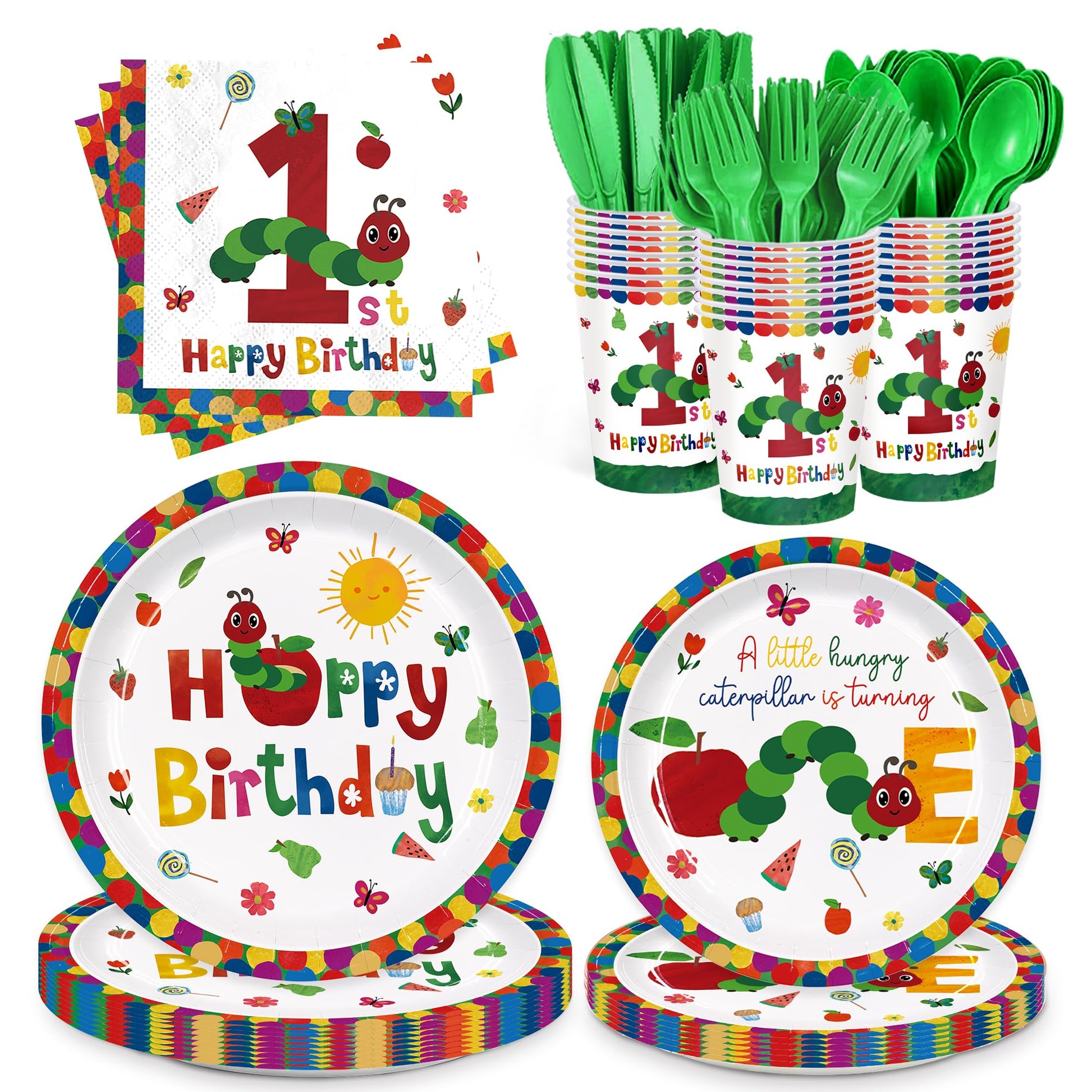 ZQMONTIA 168Pcs Caterpillar 1st Birthday Party Supplies Green Insect Plates Napkins Disposable Tableware Set Hungry Bug Party Decoration for Kids