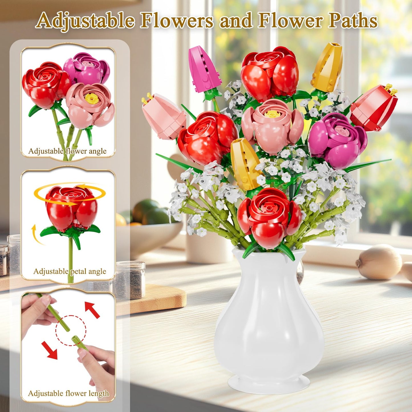 GoStock Flower Bouquet Building Set, Rose Home Plant Decor, Artificial Flowers Botanical Collection Block Toy for Valentine Birthday Gifts Adults