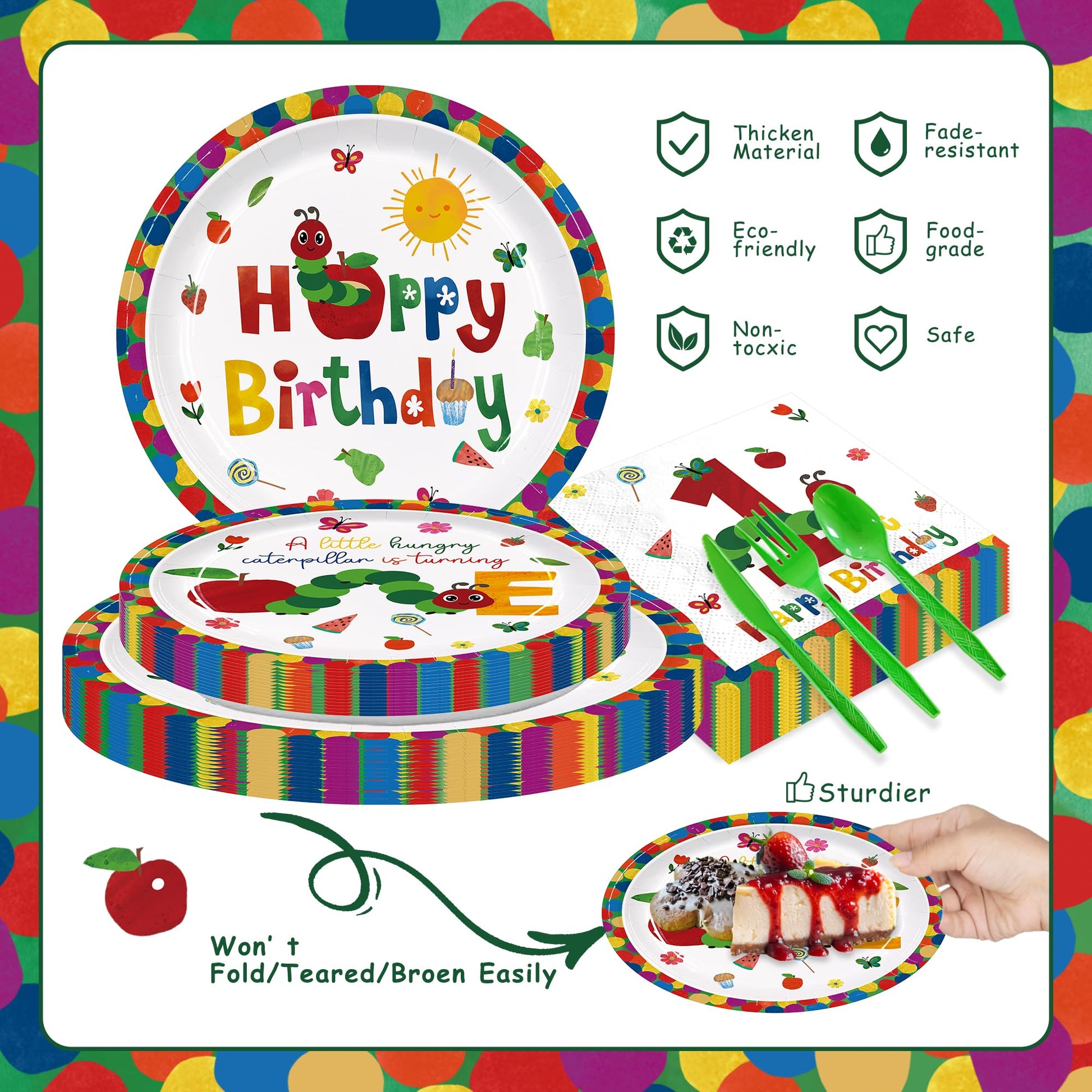 ZQMONTIA 168Pcs Caterpillar 1st Birthday Party Supplies Green Insect Plates Napkins Disposable Tableware Set Hungry Bug Party Decoration for Kids