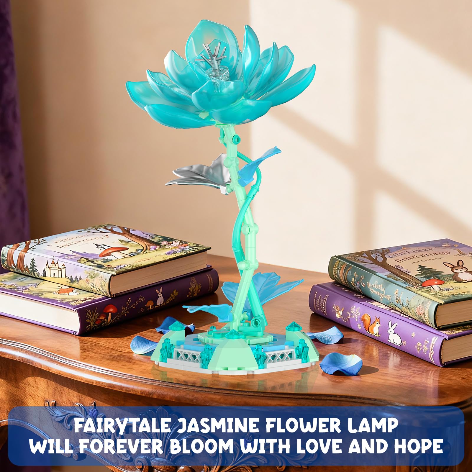 Jasmine Table Lamp Building Blocks Set, Princess Flower Shaped Building Toy with LED Light, Creative Home Decoration & Artificial Flower Night Light