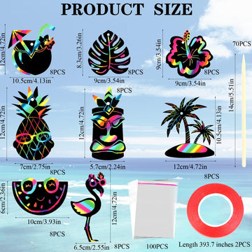 64 Pcs Hawaiian Luau Party Scratch Cards Art Magic Rainbow Scratch Cards Flamingo Pineapple Beach Coconut Shape Scratch Paper Art Crafts with Stick