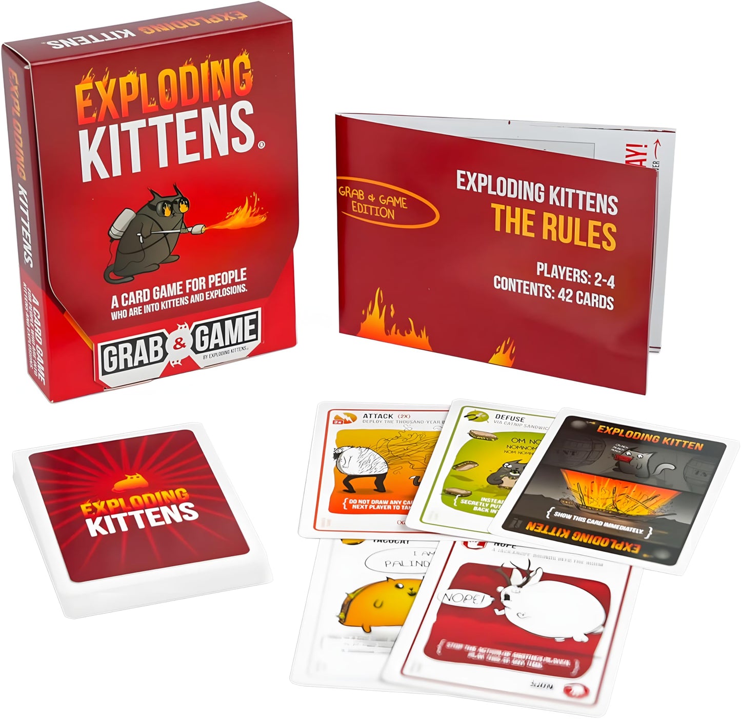 Exploding Kittens Grab & Game - Hilarious & Compact Card Game for Family and Travel - Party Fun for Ages 7 and Up - 2-4 Players - 15 Minutes of Play