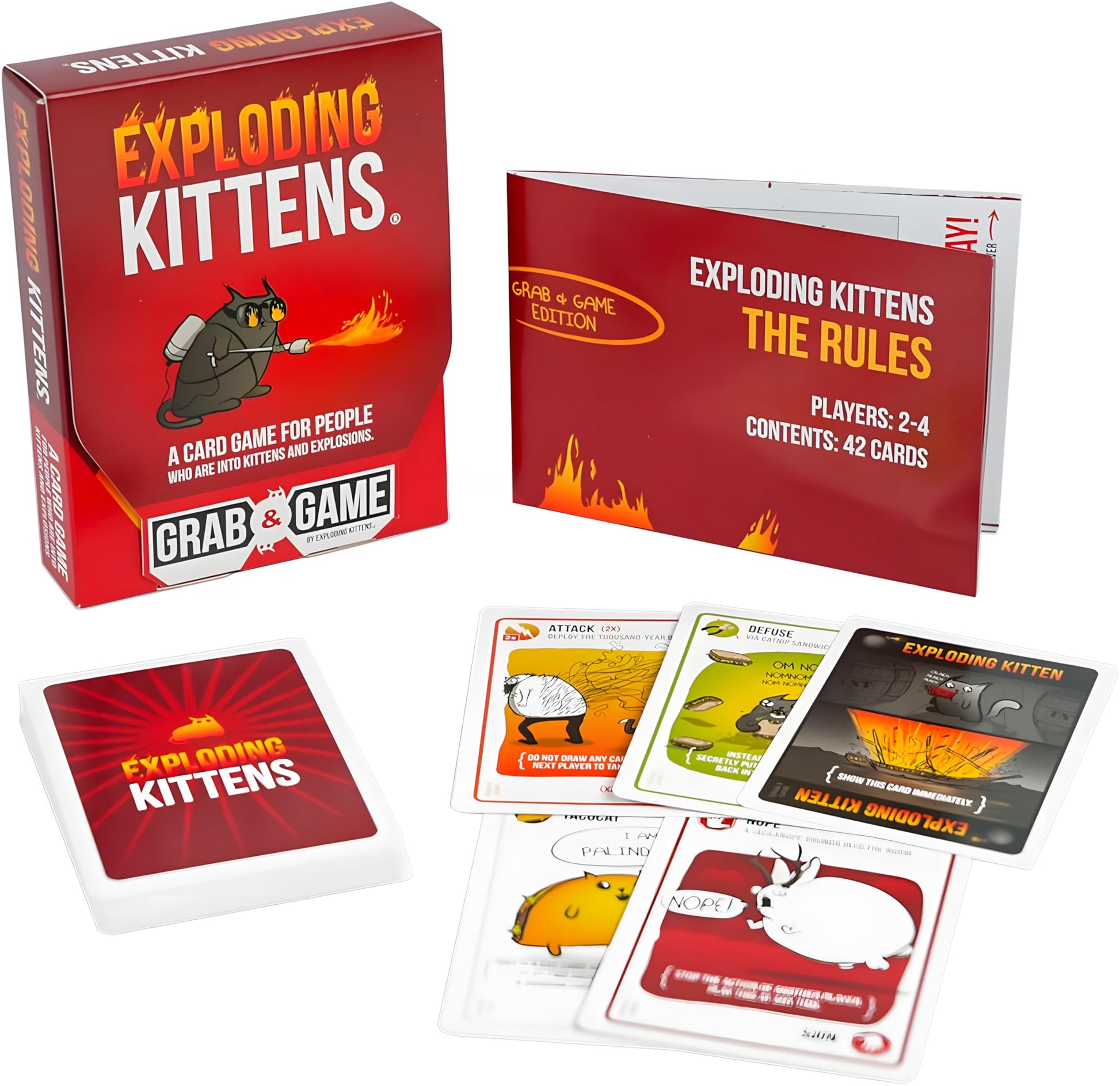 Exploding Kittens Grab & Game - Hilarious & Compact Card Game for Family and Travel - Party Fun for Ages 7 and Up - 2-4 Players - 15 Minutes of Play