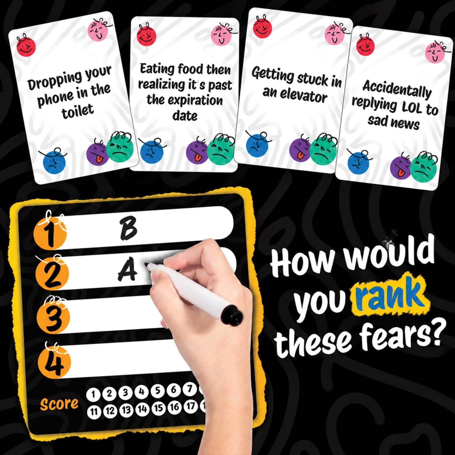 Fear Stack - What Freaks Out Your Friends and Family? A Fun Ranking Game for Adults and Kids | Includes 184 Cards, 4 Whiteboards, and 4 Markers