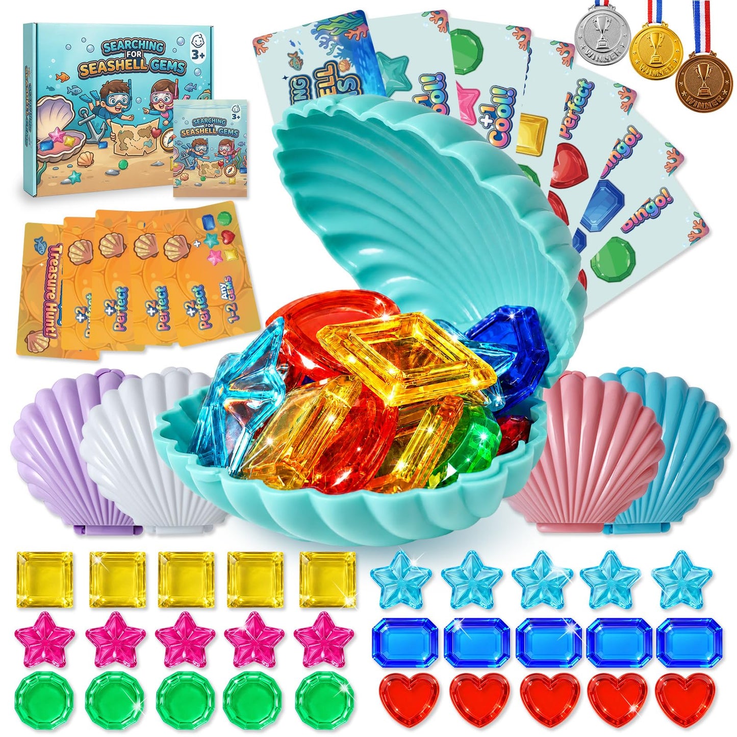 PARGAGAM Diving Pool Toys for Kids 80PCS, Bulk Underwater Gems, Seashells and Treasure Game Set with Storage Bag, Swimming Toys for Pool Party Summer