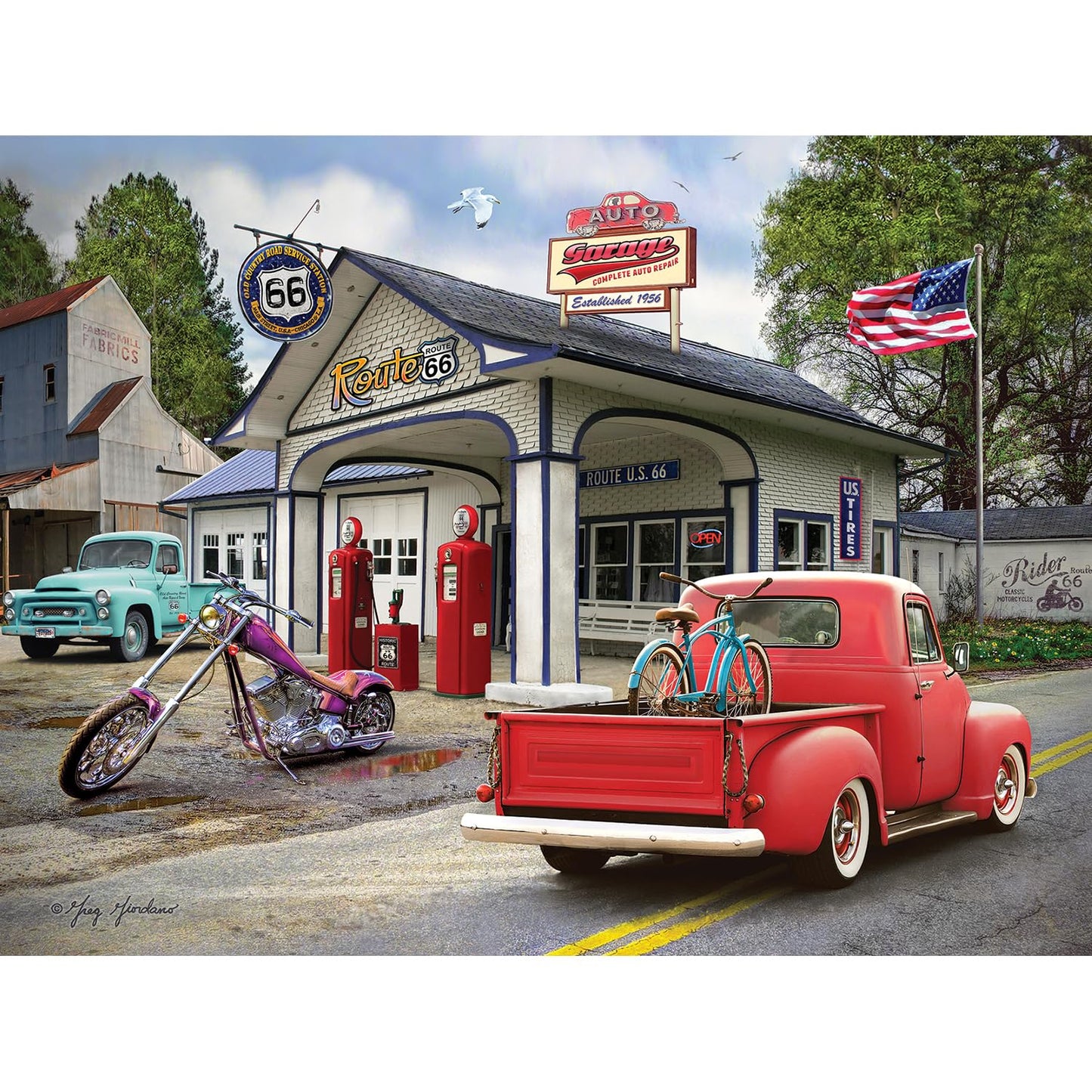 Bits and Pieces 300 Piece Puzzles for Adults - Nostalgic American Gas Station - 300 Large Pieces 18" x 24" Jigsaw Puzzles, Vintage Cars Summer Scene